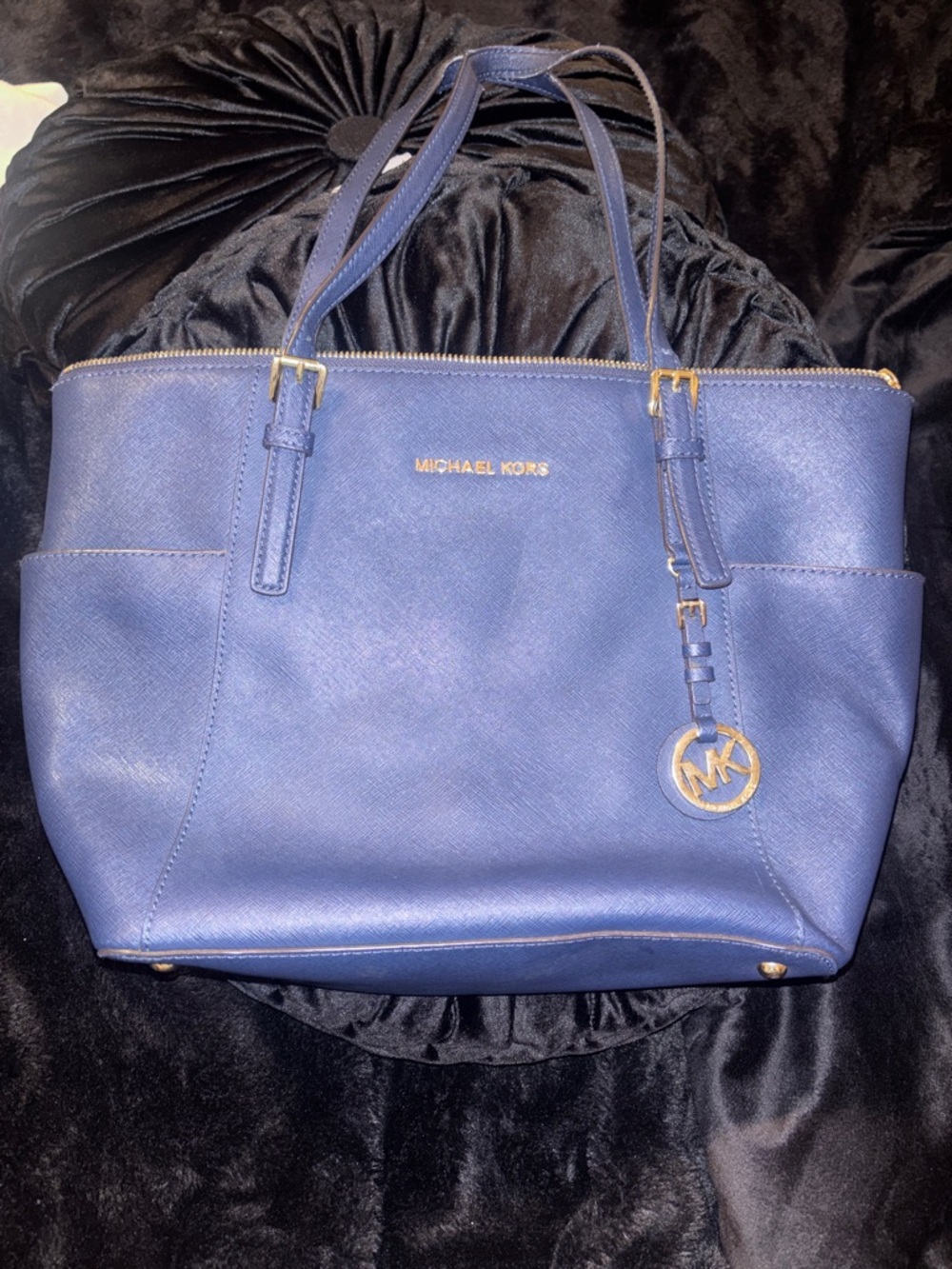 Michael Kors Navy Saffiano Tote with Gold Hardware
